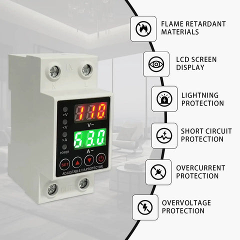 63A Smart Voltage Protector With LCD Display 110V To 220V Wide Range, adjustable DIN rail unit with LCD and protection icons