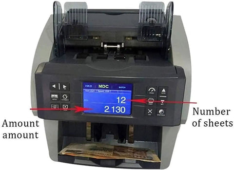 Top Pick Money Counter Machine With Legit Counterfeit Bill Detector, close-up view of LCD display and operating buttons.