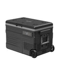 Dual Zone Portable Fridge And Freezer With Heavy Duty Wheels, 42Quart Electric Cooler in black with control panel and wheels
