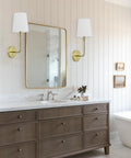 Antique Brass Wall Sconces Set Of 2, Vintage Industrial Lighting With Fabric Shades, Hardwired E26 Sockets in bathroom