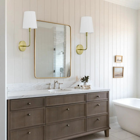 Antique Brass Wall Sconces Set Of 2, Vintage Industrial Lighting With Fabric Shades, Hardwired E26 Sockets in bathroom
