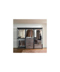 Customizable Wood Walk In Closet Organizer System Featuring Reinforced Hanging Bars And Versatile Shelves To Level Up Your Master Bedroom Storage And Kick The Clutter To The Curb with hanging clothes and drawers.