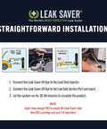 Leak Saver Leak Shot Dye Inject Kit: panel with four step illustrations on a white card against a navy background.