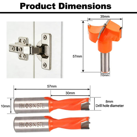 Tough As Nails Three Pc Hinge Boring Drill Bit Set With 1 3/8 RH Forstner And Two 5/8 LH Brad Point Bits For Cabinet Hardware dimensions.
