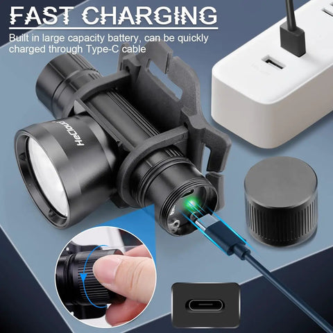Powerful 3000 Lumen Dive Headlamp With IP68 Waterproof Build, rechargeable via USB-C cable, shown charging with Type-C connector