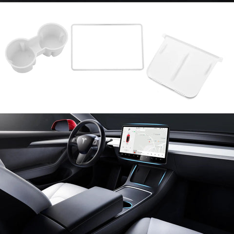 Tesla Center Console 3 Piece Upgrade Kit for Model Y 2021-2024 and Model 3 2021-2023 with cup holder, edge frame, charger mat