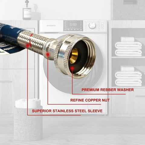 Close-up of 10 foot stainless steel washing machine hose with 90 degree elbow, showcasing premium washer and copper nut details.