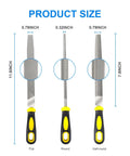 8 Inch Metal File Set 3 Piece Beast Pro Grade High Carbon Steel Hand Files with Non Slip Rubber Handles, size details.
