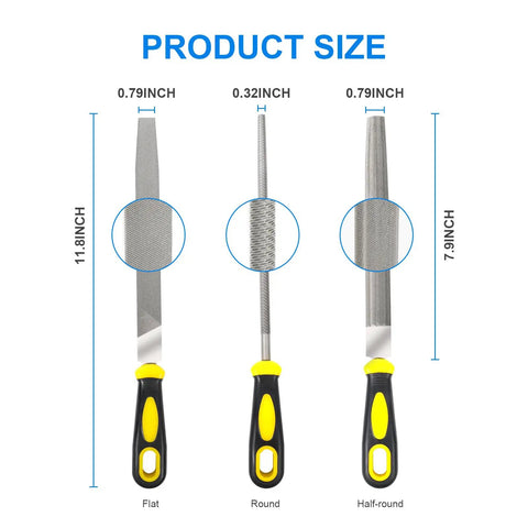 8 Inch Metal File Set 3 Piece Beast Pro Grade High Carbon Steel Hand Files with Non Slip Rubber Handles, size details.