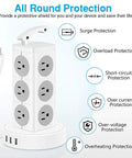 Power Strip Tower With 12 AC Outlets And 3 USB Ports, surge protection features, overload, short-circuit, over current protection