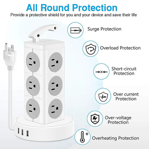 Power Strip Tower With 12 AC Outlets And 3 USB Ports, surge protection features, overload, short-circuit, over current protection
