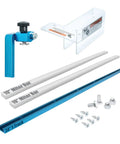 Straight Up Heavy Duty Diy Table Saw Sled Kit With Twenty Four Inch Universal T Track Nineteen Inch Hdpe Miter Bars Three Inch Flip Stop Blade Guard And All Hardware, detail of flip stop, miter bars, screw hardware and t-track.