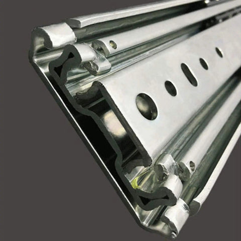 Close-up of heavy duty drawer slides with lock, ball bearing rails, full extension, 220 kg load capacity, 250mm pair.