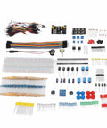 Starter Electronics Component Kit With Resistor Capacitor Diode Modules For Beginners laid out on white surface.