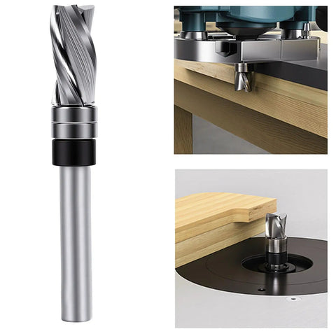 Top Pick Spiral Flush Trim Router Bit 1/4 Shank For Smooth Templates on a woodworking router for precise shaping.