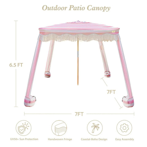 Boho Beach Cabana With Fringe And Tassels, 7x7 Ft Easy Setup Canopy With Premium Wood Poles, Sand Pockets, Rose Stripes design