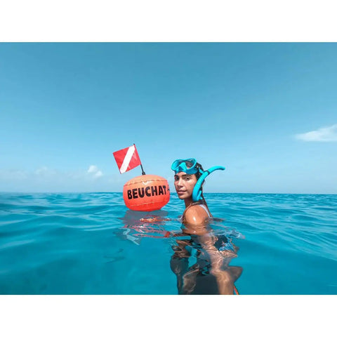 Maxlux S Mask For Snorkeling Scuba Diving Freediving And Swimming With Panoramic Vision at sea surface with marker buoy