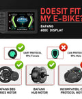 Diagram showing compatibility of 2.4 Inch TFT LCD Ebike Display 600C UART Protocol with various Bafang motors.