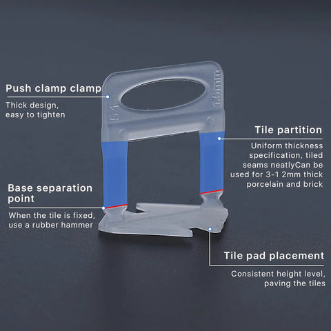 Close-up of Pro Grade Tile Leveling Clips And Spacers Kit with highlighted features for ceramic tile installation.