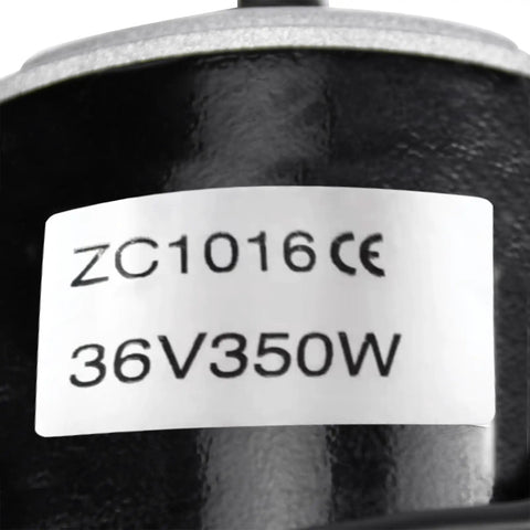 Label detail of Rock Solid 36V 350W Brushed DC Electric Motor My1016 showing model and power specifications.