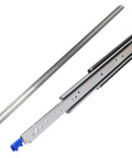 Heavy Duty Drawer Slides With Secure Locking Latch 300 Lbs Full Extension Side Mount Steel Rails, shiny steel tracks with blue plastic ends.