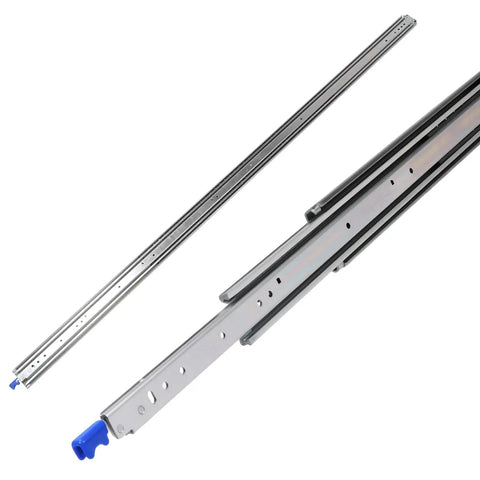 Heavy Duty Three Fold Drawer Slides With Smooth Ball Bearings And Locking Protection Built Different For Zero Wobble Gliding and Rock Solid 300 Pound Load Support, showing side mounted stainless steel tracks.