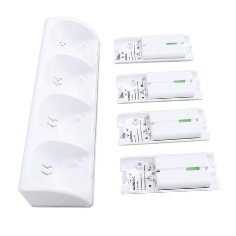 Four In One Remote Battery Charging Dock With LED Indicators Includes Four 2800mAh High Capacity Rechargeable AA Batteries USB Powered Charging Station For Game Console Remotes Sleek White Finish Quick Charge And Easy Setup