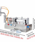 Pro Grade Pneumatic Liquid Filling Machine For Bottles, Slick Stainless Steel Action, Drop Dead Accurate Dosing For Wine Cosmetics Drinks, Heavy Duty 500 To 5000 Milliliter Ready To Roll, side view showing metal frame and control panel.