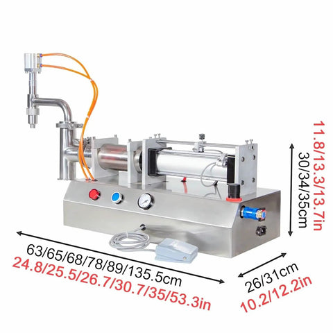 Pro Grade Pneumatic Liquid Filling Machine For Bottles, Slick Stainless Steel Action, Drop Dead Accurate Dosing For Wine Cosmetics Drinks, Heavy Duty 500 To 5000 Milliliter Ready To Roll, side view showing metal frame and control panel.