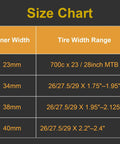 Size chart for bike tire liners; shows liner widths and compatible tire size ranges, including 40mm liner for 26/27.5/29 MTB tires.