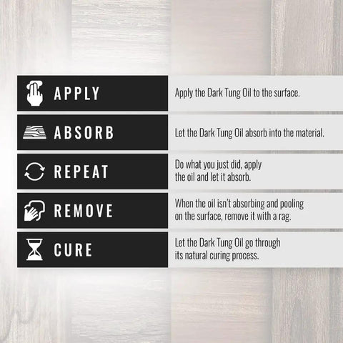 Instructions for using Straight Up Pure Dark Tung Oil For Wood Finishing Food Grade Water Resistant Coating Butcher Blocks Cutting Boards Outdoor Furniture Countertops One Gallon.