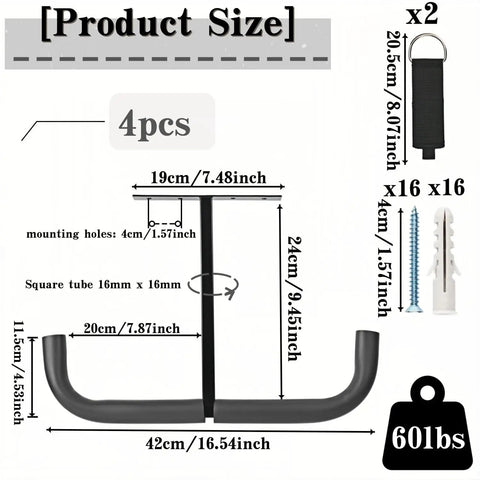 Product diagram for Overhead Garage Storage Hooks And Heavy Duty Double Ceiling Rack For Lumber Ladders Bikes Tires And Other Bulky Gear Up To 66 Lbs 30 Kg Easy Ceiling Mount Space Saving Organization, showing dimensions and components.