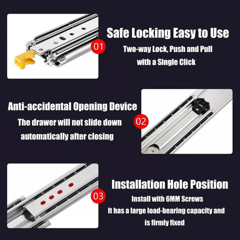 Heavy Duty Full Extension Drawer Slides 12 To 80 Inch Side Mount Ball Bearing Rails With Locking Drawer Glides 440 Lb Load Capacity 76mm Wide Built Tough To Handle Deep Drawers And Heavy Tools with safe locking, anti-accidental opening, and installation hole.