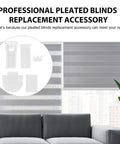 32 Piece Pleated Blind Repair Kit with Easy to Install Parts for Quick Fixes displayed next to gray pleated window blinds in living room