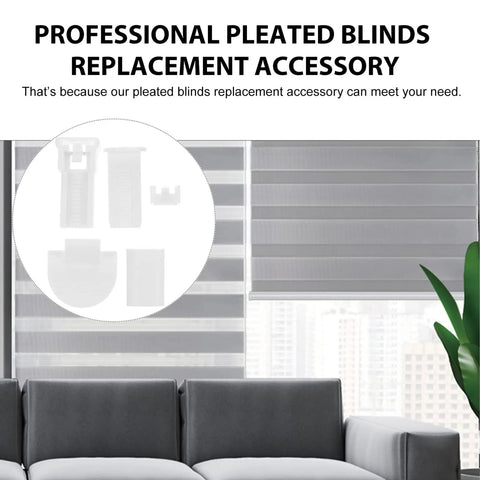 32 Piece Pleated Blind Repair Kit with Easy to Install Parts for Quick Fixes displayed next to gray pleated window blinds in living room