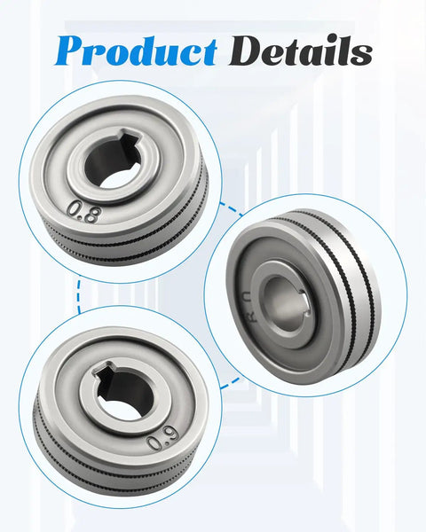 Close-up of 2 Pack Drive Roll For MIG Welder 0.8mm 0.9mm K Groove Wire Feed Roller showing details and sizes