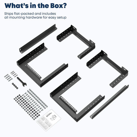 6U Wall Mount Open Frame Rack 13.3 To 18 Inch Adjustable Depth Black parts and mounting hardware flat-packed for easy setup.