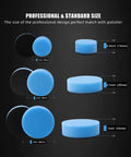 Pro Grade Auto Detailing Pad Kit With 44 Mixed Buffing Pads And Backing Pads, blue pads in 1, 2, and 3 inch sizes with thickness details