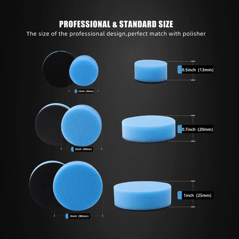 Pro Grade Auto Detailing Pad Kit With 44 Mixed Buffing Pads And Backing Pads, blue pads in 1, 2, and 3 inch sizes with thickness details