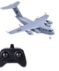Ready To Fly RC Plane For Beginners Noob Friendly 2 4Ghz 2 Channel Airplane With Built In 3 Axis Gyro Auto Stabilization Navy Blue C17 Globemaster III Style Model Easy To Control And Stable Flight Toy with remote controller visible