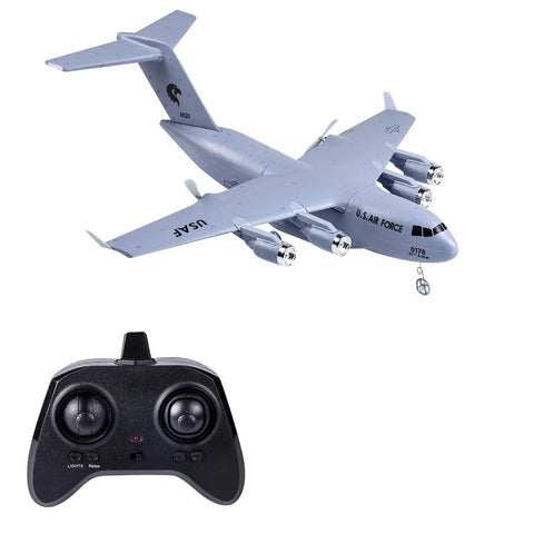 Ready To Fly RC Plane For Beginners Noob Friendly 2 4Ghz 2 Channel Airplane With Built In 3 Axis Gyro Auto Stabilization Navy Blue C17 Globemaster III Style Model Easy To Control And Stable Flight Toy with remote controller visible