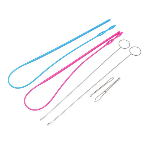 Six Piece Sewing Kit With Stainless Steel Tools For DIY Knitting And Projects Includes Rope Threader Closed Rope Threader Turn Hooks Elastic Clamp And Must Have Tools Easy To Use And Highly Practical, six-piece set on white background