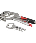 Solid Locking Clamp Set Featuring 10 Inch Welding Pipe Plier And 5 Inch Mini C-Clamp with ergonomic rubberized handles for secure grip.
