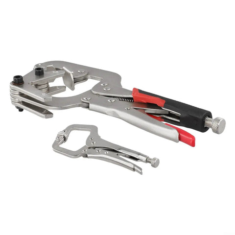 Solid Locking Clamp Set Featuring 10 Inch Welding Pipe Plier And 5 Inch Mini C-Clamp with ergonomic rubberized handles for secure grip.