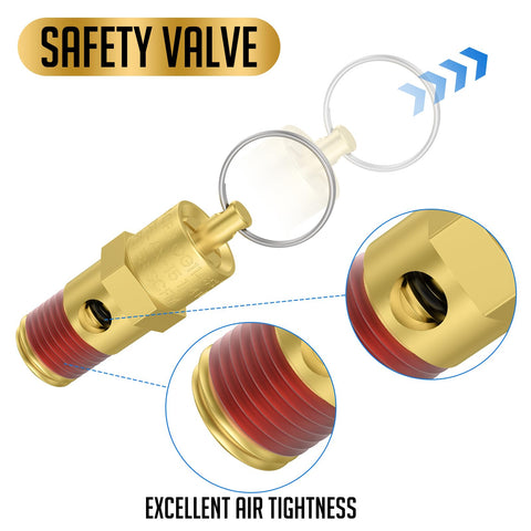 Two Pack One Quarter Inch NPT Male Brass Air Compressor Pressure Relief Valves, 200 PSI Overpressure Safety Valve close-up