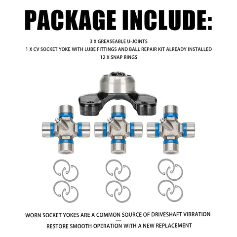 Greaseable Beefy Heavy Duty Double Cardan Joint Kit 1310 Series with U-joints and CV Socket Yoke for Jeep