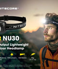 NU30 500 Lumen Rechargeable Headlamp with White and Red Beams for Night Owls, Hikers and Runners, showcased outdoors at dusk.