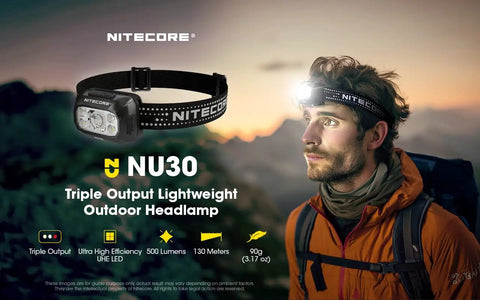 NU30 500 Lumen Rechargeable Headlamp with White and Red Beams for Night Owls, Hikers and Runners, showcased outdoors at dusk.