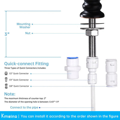 Oil Rubbed Bronze Water Drinking Faucet For Filtration Systems installation diagram with quick-connect fittings shown.