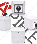 3 Position Latching Changeover Selector Switch Box 63A 440V 3 Phase with Universal Rotary Cam in four angles.